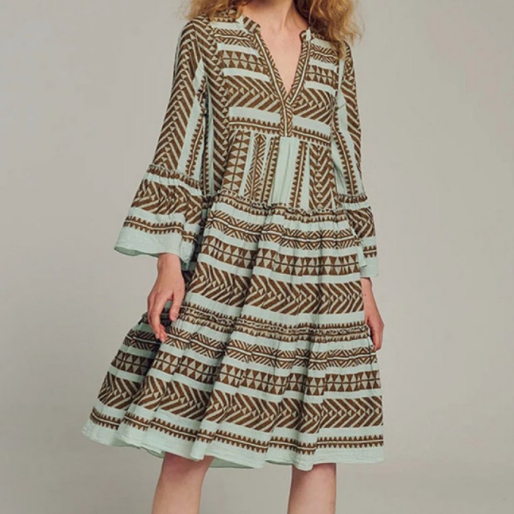 DEVOTION Twins Ella Brown Black Light Blue Midi Dress (Size Small)